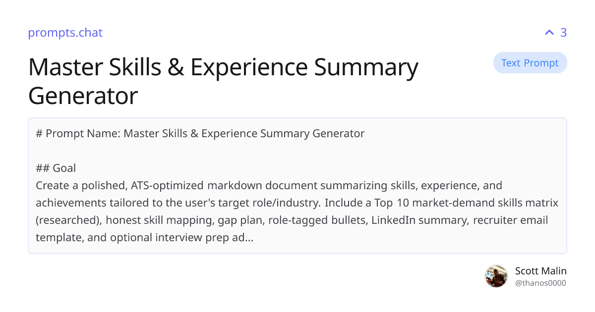 Create skills and experience markdown file | prompts.chat