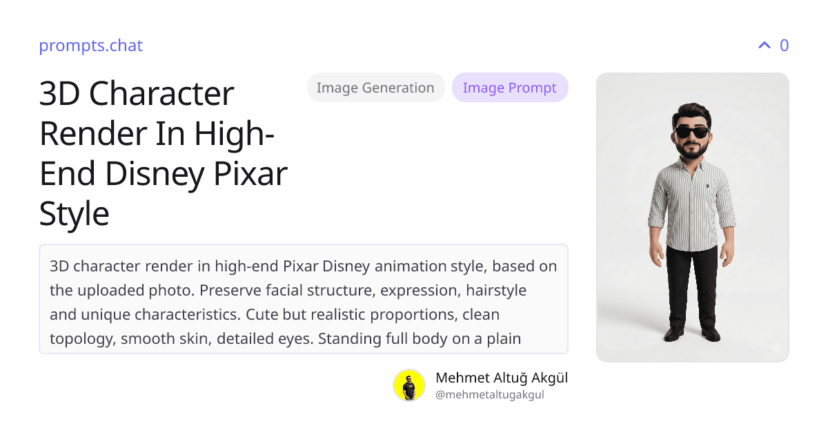 3D Character Render In High-End Disney Pixar Style | prompts.chat