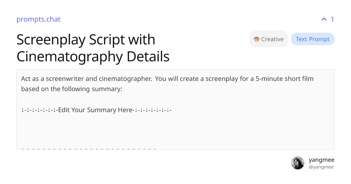 Screenplay Script with Cinematography Details | prompts.chat